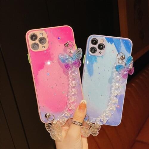 Glitter Stars Butterfly Wristband Phone Case For OPPO A9 2020 A5 A5S A3S A7 A8 A31 A53 A52 A55 Reno 2Z 4 5 Realme C11 7 8 Cover
