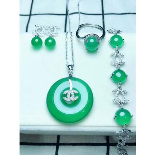 C15#925 silver inlaid natural chalcedony set, the jade face is clean and translucent