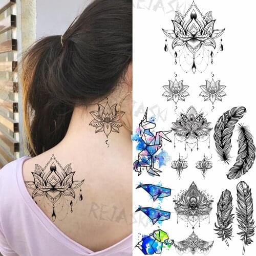 Black Mandala Pendant Temporary Tattoos For Women Adult Feather Unicorn Animal Fake Tattoo Sticker Sexy Neck Waterproof Tatoos