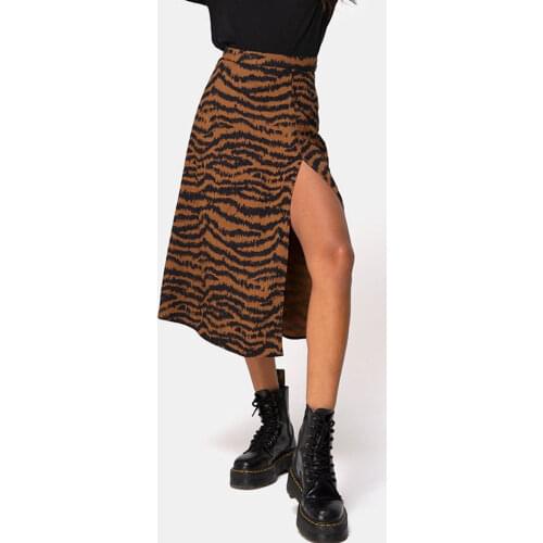 Gentillove Elegant Split Long Skirts Vintage Leopard Floral Print High Waist A Line Skirts Office Lady Casual Bodycon Midi Skirt