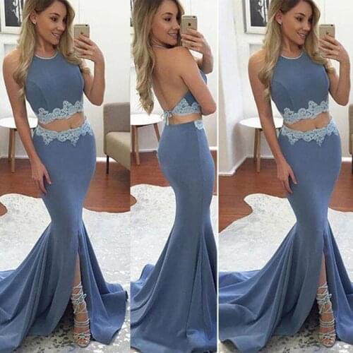 Custom made 2019 new blue jersey design two piece set prom dresses gowns formal evening dresses gowns for junior girls
