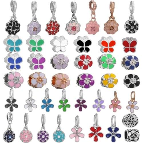 2Pcs Colorful Enamel Flower & Butterfly Beads Pendant Fit DIY Brand Charm Bracelet Necklace For Women Men Christmas Jewelry Gift
