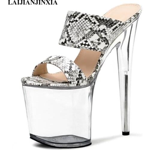LAIJIANJINXIA New 20 Cm Super High Heels Transparent Fish Mouth Crystal Slippers 8 Inch Clear Heels Platform Models Dance Shoes