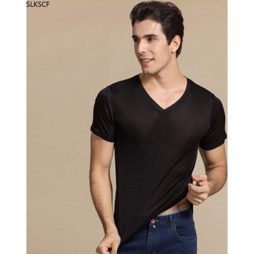 [SLKSCF] 100% Pure Silk Mens Short Clothing Men V-neck Slim Thin Vest Man Undershirt Sweater Shirts