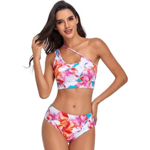 2021New Style Bikini Swimming Suit For Women High Waist Sports Dye Printing Swimwear Sexy Hollow Out Push Up One Shoulder
