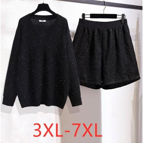 New Ladies Autumn Winter Plus Size Women Large Loose Black Sequins Knit T-shirt And Shorts Two Pieces Suit 3XL 4XL 5XL 6XL 7XL