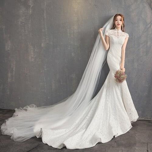Mermaid Wedding Dress Slim and Thin Korean Stand-up Collar Bride Wedding Dress Go Out Yarn Long Tail Large Size Wedding Dress