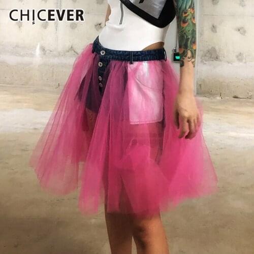 CHICEVER Korean Sexy Hit Color Short For Women High Waist Patchwork Mesh Pockets Casual Denim Shorts Female 2021 Summer Fashion