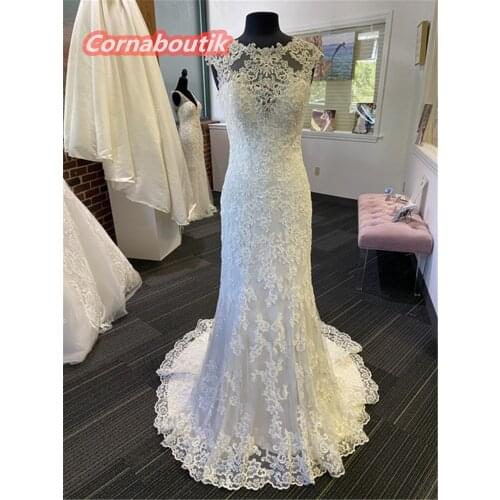 High Neck Wedding Dress Floral Lace Appliques COR-015 Illusion Back Buttons Bridal Gowns Custom Made Vestidos