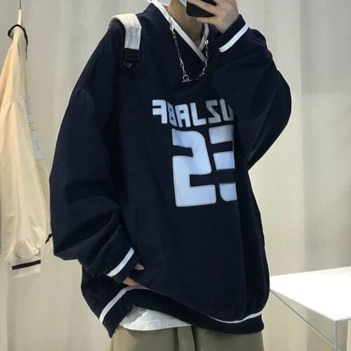 Sweater mens spring Korean fashion loose fitting Pullover V-neck printing long sleeve college style jacket