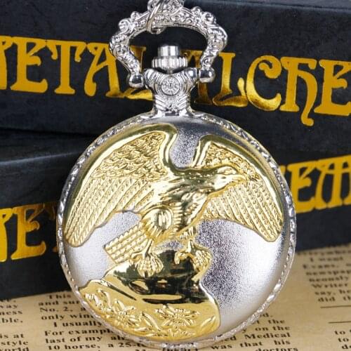 Engraved Gold Silver Eagle Quartz Pocket Watch Analog Pendant Necklace Chain Watch Men Women