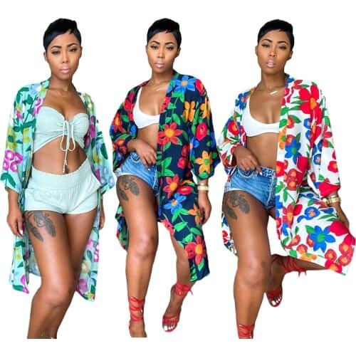 1L260 Autumn Winter Women Casual Fashion Printed Loose Casual Kimono Jacket Sun Protection Shirt Hot