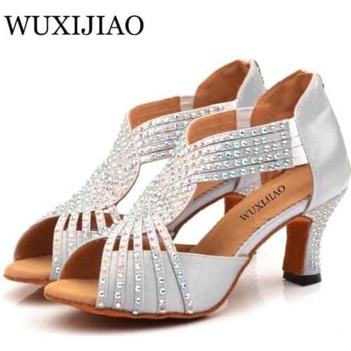 WUXIJIAO Diamond Silver Satin Latin dance shoes woman Salsa Party Rhinestones Ballroom dancing shoes Med heel 7cm zipper