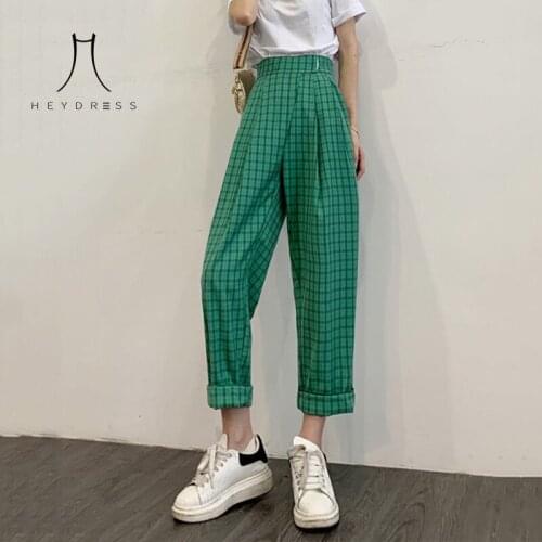 Heydress Female Loose High Waist Leggings Yellow Green Fashion Pants 2021 Summer Check Casual Pants Ladies Plaid Harem Pants
