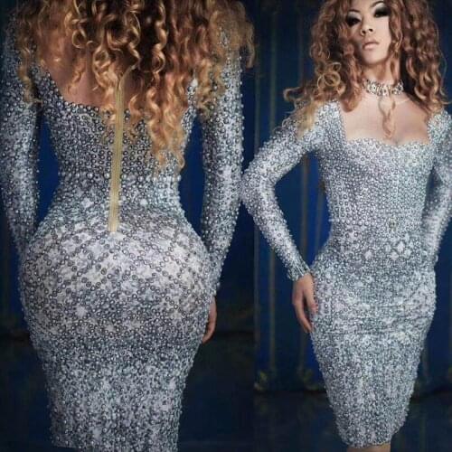 Women Sexy Full Diamond One-piece Dress Sexy Prom Party Pearls Slim Mini Birthday Dress Women Nightclub DJ Singer Stage Dress