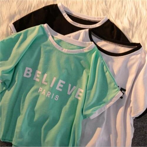 Short Length Women Tops Korean Style Short Sleeve O Neck T shirt Woman Letters Print Woman T shirts