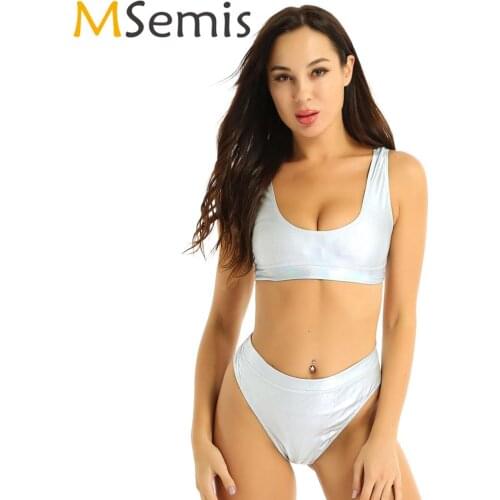 Womens Shiny Metallic Underwear Set Sexy Bikini Lingerie Swimsuit Femme Wet Look Patent Leather High Cut Thong Briefs+Crop Tops