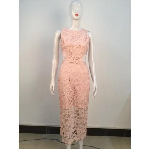 Sexy Cut Out Pink Blush Slim Women Lace Dress Sleeveless Midi Calf Sheath Bodycon Bandage Dress Long Party NightClub Vestidos