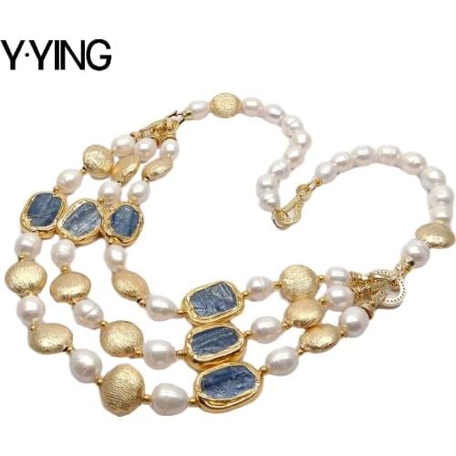 Y·YING 3 Strands Cultured White Rice freshwater Pearl Blue Kyanite rectangle choker Necklace 20" office style handmade for women