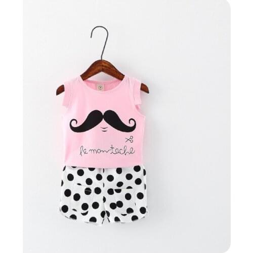 2016 Summer New Style Korean 2 Pieces Set Childrens Garment Girl Moustache T-Shirt Undershirt Wave Point Shorts Cool Suit