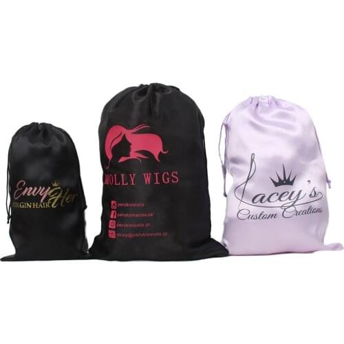 Custom printed satin silk bags drawstring hair bundle packaging bags 20pcs lot