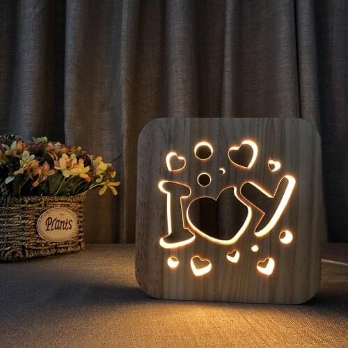 Wooden I love U Design Lamp for Valentines Day Gift USB LED Table Lamp Bedroom Switch Control Wood Carving Night Light
