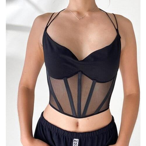 Women Sexy Sleeveless Lace Up Spaghetti Strap Mesh Girdle Camisole Vest Crop Top