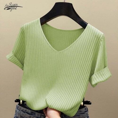 T-shirt knitted short-sleeved blouse womens blouse shirt 2021 solid color Korean summer shirt thin V-neck knitted women 13783