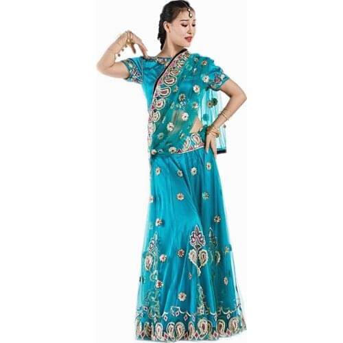 Indian style Bollywood group dance performance Dress Top Skirt noble Sari large swing skirt three piece suit peacock pattern
