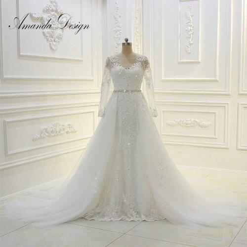 Amanda Design Cap Sleeve Lace Appliqued Crystal Wedding Dress with Detachable Skirt