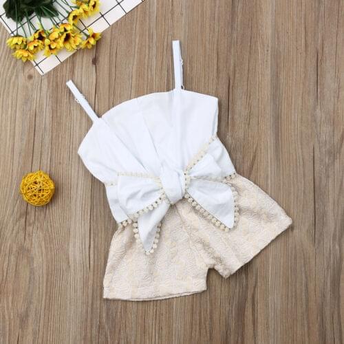 Baby Girl Summer Sleeveless Jumpsuit Lace Patchwork Bowknot Adjustable Shoulder Strap Jumpsuit Lace Pants Sweet Shorts