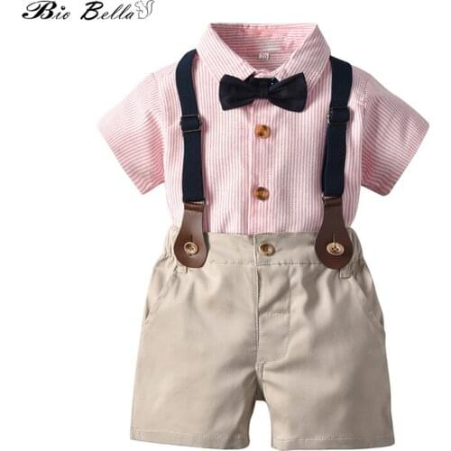 Fashion 2pcs Kids Set Boys Handsome Bow Tie Gentle Suit Short Sleeve Striped Shirt+Suspender Shorts Pants Children Clothing Set