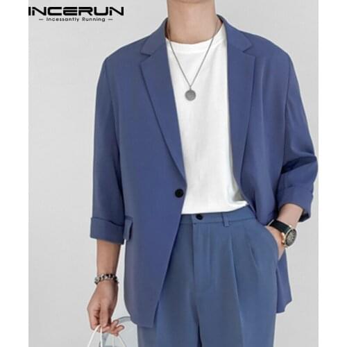 INCERUN Fashion Men Blazer Streetwear Solid Color Lapel 3/4 Sleeve One Button Leisure Suits Men 2021 Casual Thin Jackets S-5XL