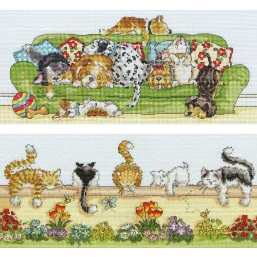 Gold Collection Counted Cross Stitch Kit Bothy Threads Eight Puppies Dogs Sleeping On The Sofa Lazy Cat Kitty Sleep Animal 7042