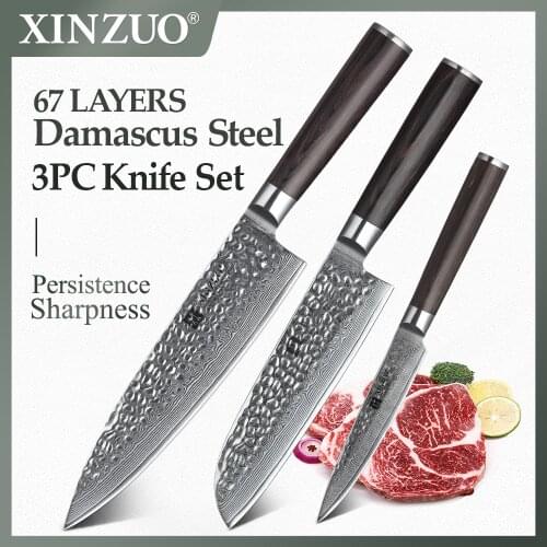 XINZUO 3 pcs Kitchen Knife Set 67 layer Damascus Steel chef Knife Fassion Gyuto Utility Knives Kitchen Tool Pakkawood Handle