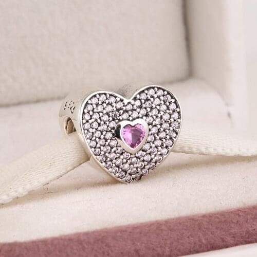 New authentic 925 sterling silver pave pink zircon hearts charms Suitable for Pandora Style Charm Bracelets