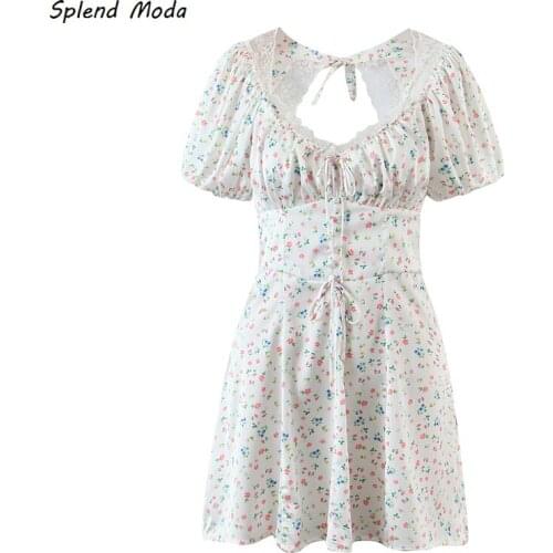 Splend Moda Summer Lace Patchwork Dress Fashion Sexy Backless Lace-Up Floral Print Mini A-Line Dresses Women Zipper Vestido