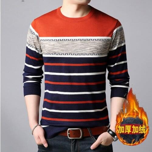 Authentic mens sweater Plush crew neck T-shirt young and middle-aged striped sweater warm mens wear
