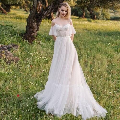 On Sale Charming Boho Lace Bridal Wedding Gowns V Neckline with Straps Off Shoulder Sleeves Wedding Dresses for Bride 2021 New