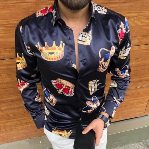 2021 Shirts For Men Long Sleeve Casual Floral Print Crown Shirt Autumn Shirts Men Dress Camisa Button Turn-Down Collar Male Top