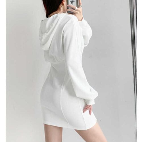 TVVOVVIN Korean Solid Color Hooded Long Sleeve Slim Mini Dress For Women Autumn High Waist Zippers Package Hip Dresses Kh5s