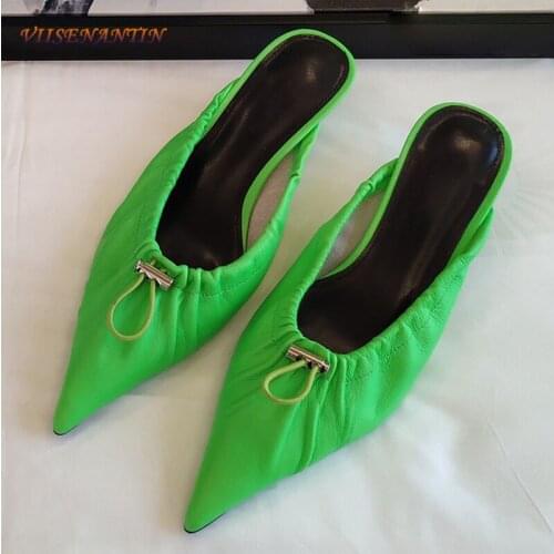 Spring and summer new fashion fluorescent color pointed toe elastic buckle stiletto high heel half slippers women