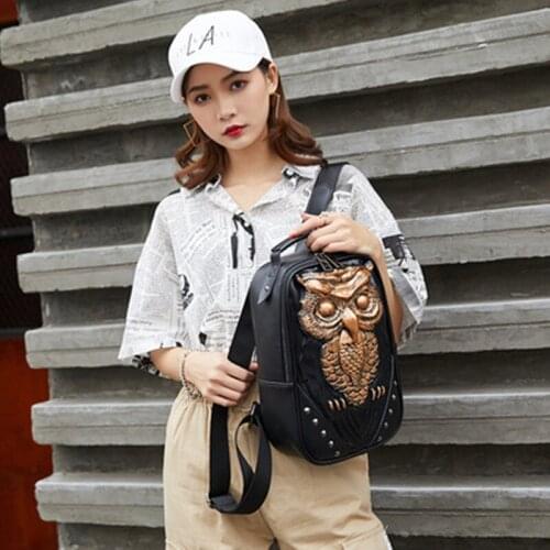Black 3d Embossed owl pu leather womens backpack 2021 new fashion female beach waterproof animal backpack