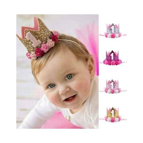 2020 New Multitrust Brand Kids Baby 1st Birthday Hat Glitter Crown Flower Head Hair Band Party Headwear Floral Lovely One Cute