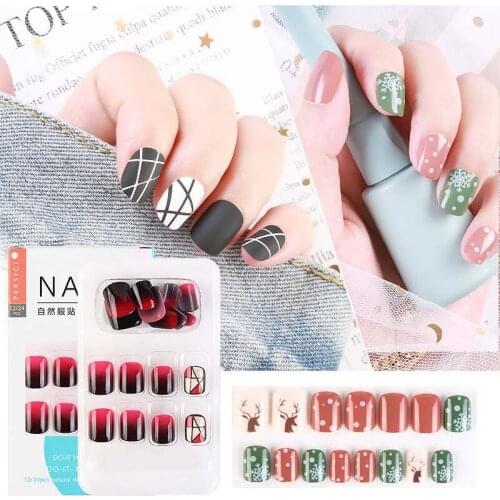 24 Pcs False Nails Christmas Snowflake Fake Nails Gradient Geometry French Tips Glitter Artifical Nails Detachable Nail Art Tool