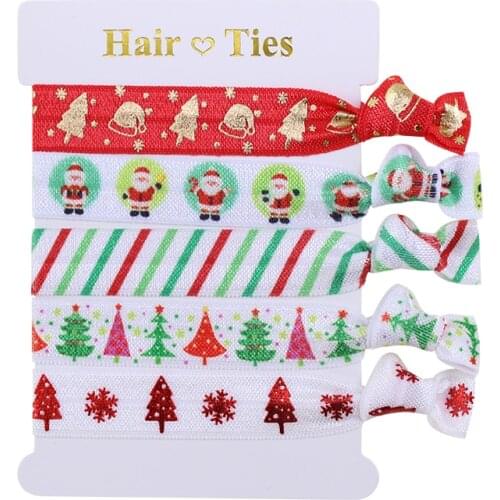 5/8" Ponytail FOE elastic knotted hair ties christmas printed foe elastic 10 sets per lot (50 pcs)