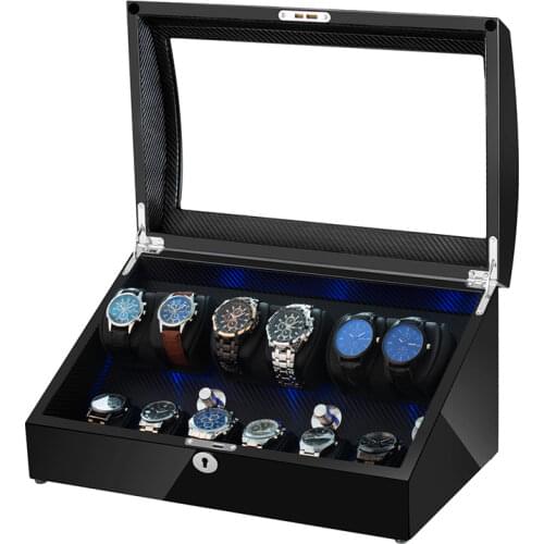 6+6 Automatic Watch Winder Box PE Leather Watch Winding Winder Storage Watch Box Collection Display Quiet Motor With LED Light