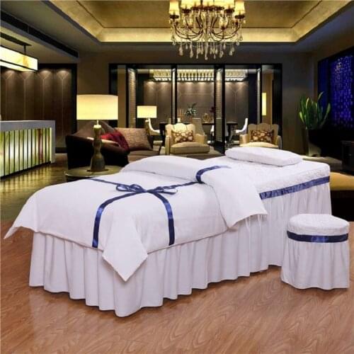 White Color 4pcs One Set Sanding Beauty Salon Bedspread Lace Ruffles Bed Skirt Duvet Cover for Beauty Parlor 75*190cm #380