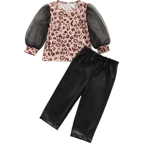 2021 0-5Y Fashion Kids Baby Girl Clothes Mesh Puff Long Sleeve Leopard Print Blouse+Leather Pants Spring Autumn 2pcs Outfits Set