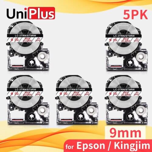 UniPlus 5PK Label Tape 9mm Replace Epson Label Cartridge Red on Clear ST9RW for Kingjim Label Printer SR330 SR670 SR970 SR750